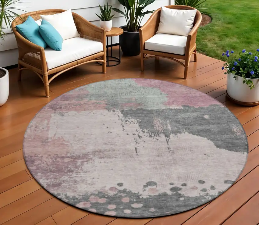 8' Blush Sage And Charcoal Round Abstract Washable Indoor Outdoor Area Rug Photo 2