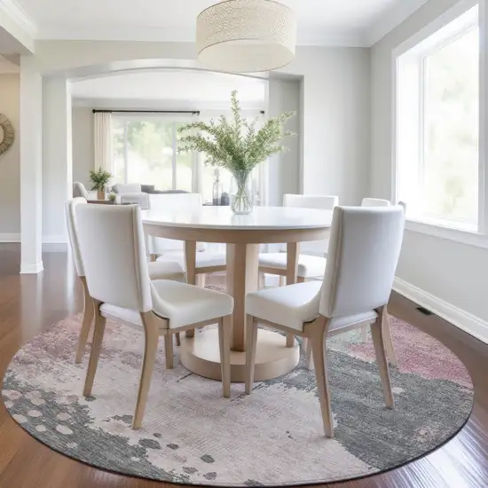 8' Blush Sage And Charcoal Round Abstract Washable Indoor Outdoor Area Rug Photo 6