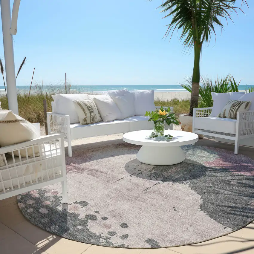 8' Blush Sage And Charcoal Round Abstract Washable Indoor Outdoor Area Rug Photo 5