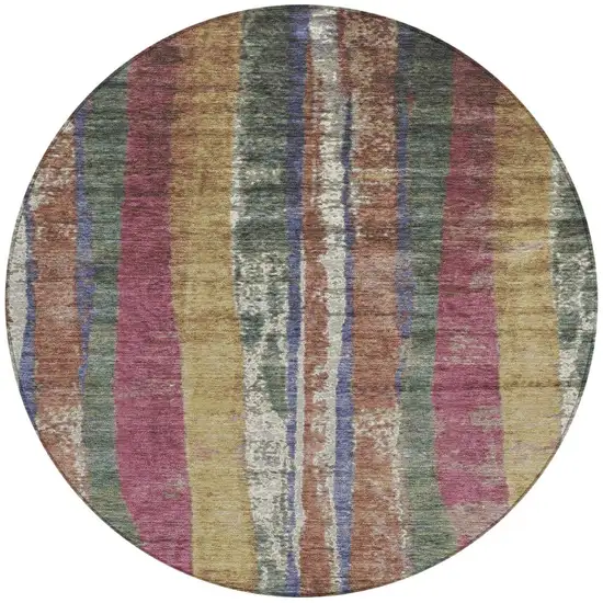 8' Blush Sage And Gold Round Striped Washable Indoor Outdoor Area Rug Photo 3