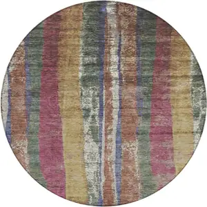 Photo of 8' Blush Sage And Gold Round Striped Washable Indoor Outdoor Area Rug