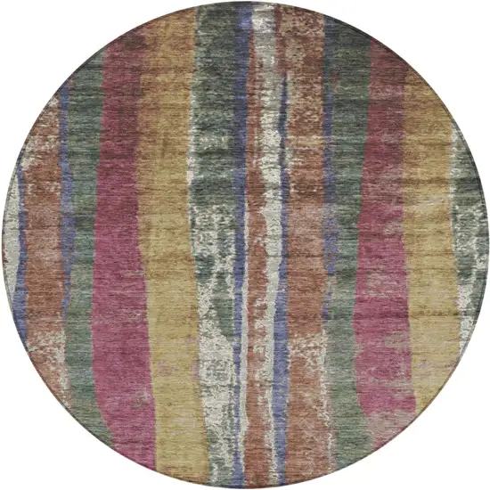 8' Blush Sage And Gold Round Striped Washable Indoor Outdoor Area Rug Photo 1
