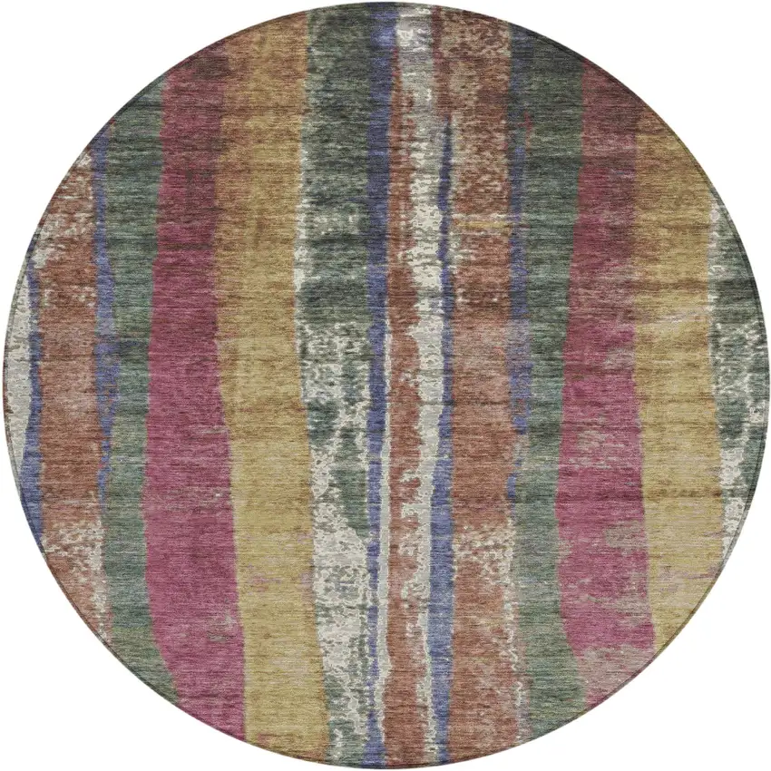 8' Blush Sage And Gold Round Striped Washable Indoor Outdoor Area Rug Photo 1