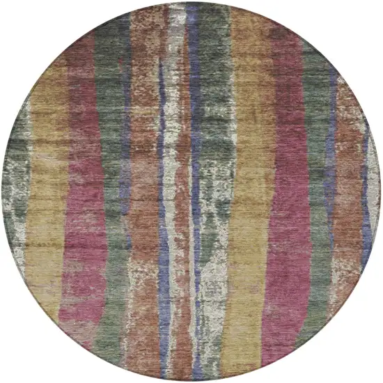 8' Blush Sage And Gold Round Striped Washable Indoor Outdoor Area Rug Photo 4