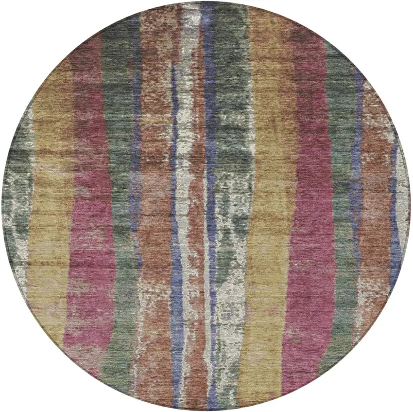 8' Blush Sage And Gold Round Striped Washable Indoor Outdoor Area Rug Photo 4