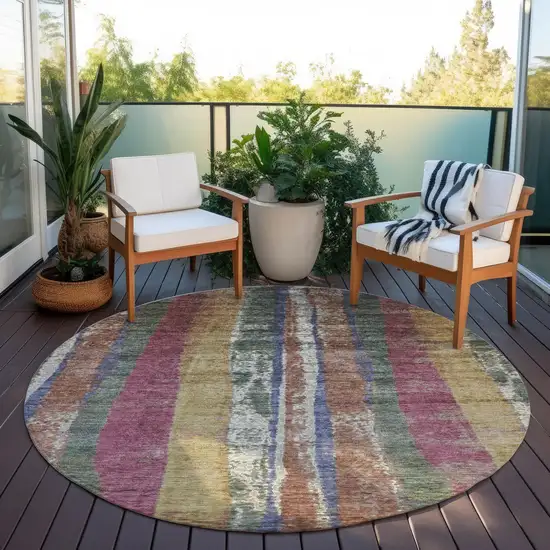8' Blush Sage And Gold Round Striped Washable Indoor Outdoor Area Rug Photo 5