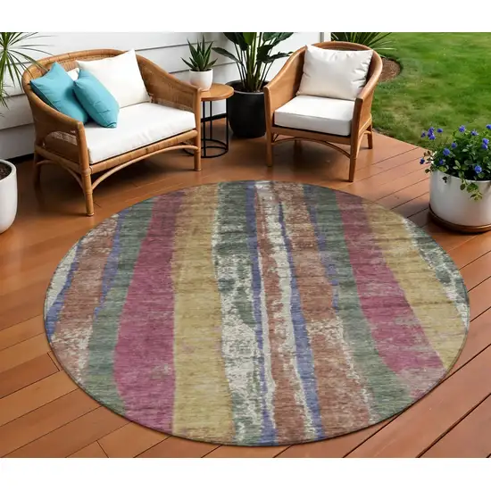 8' Blush Sage And Gold Round Striped Washable Indoor Outdoor Area Rug Photo 2