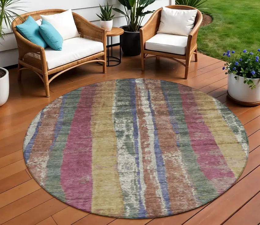 8' Blush Sage And Gold Round Striped Washable Indoor Outdoor Area Rug Photo 2