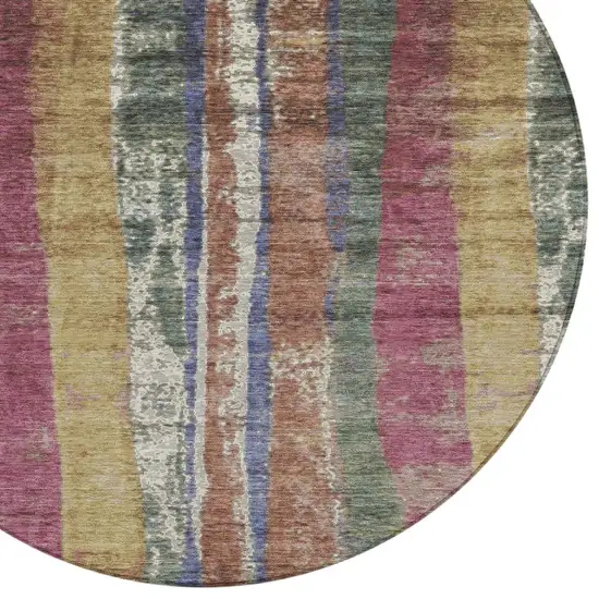 8' Blush Sage And Gold Round Striped Washable Indoor Outdoor Area Rug Photo 8