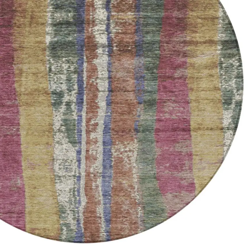 8' Blush Sage And Gold Round Striped Washable Indoor Outdoor Area Rug Photo 8