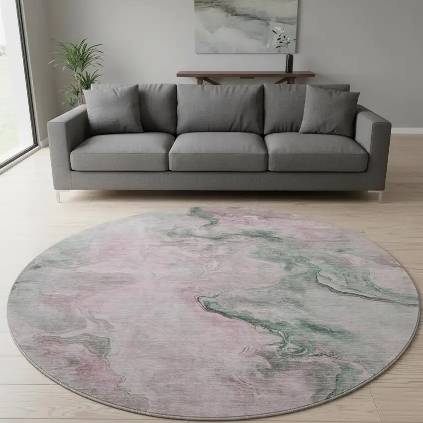 8' Blush Sage And Ivory Abstract Washable Round Rug With UV Protection Photo 2