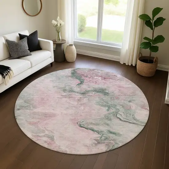 8' Blush Sage And Ivory Abstract Washable Round Rug With UV Protection Photo 4
