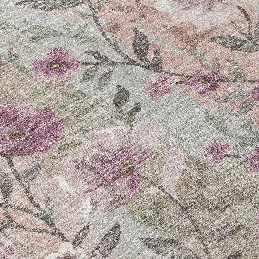 8' Blush Silver And Mauve Round Floral Washable Indoor Outdoor Area Rug Photo 8