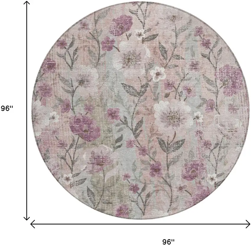 8' Blush Silver And Mauve Round Floral Washable Indoor Outdoor Area Rug Photo 9