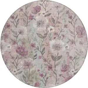 Photo of 8' Blush Silver And Mauve Round Floral Washable Indoor Outdoor Area Rug