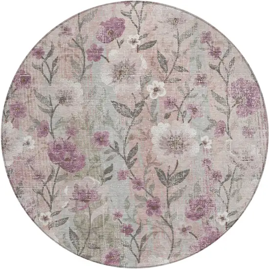 8' Blush Silver And Mauve Round Floral Washable Indoor Outdoor Area Rug Photo 1