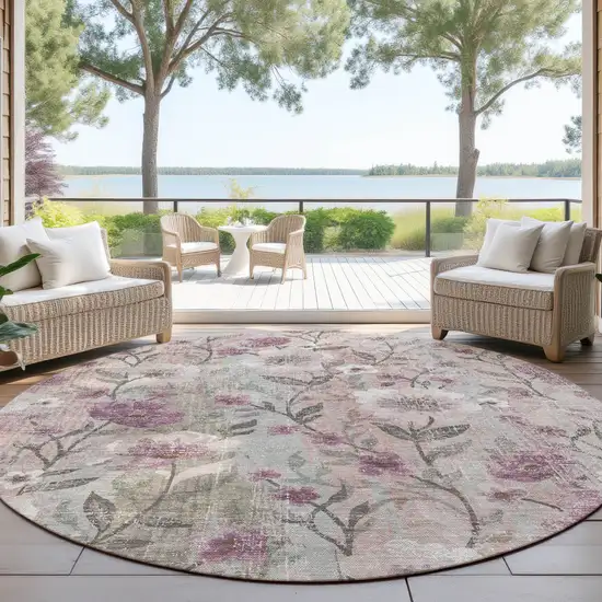 8' Blush Silver And Mauve Round Floral Washable Indoor Outdoor Area Rug Photo 3