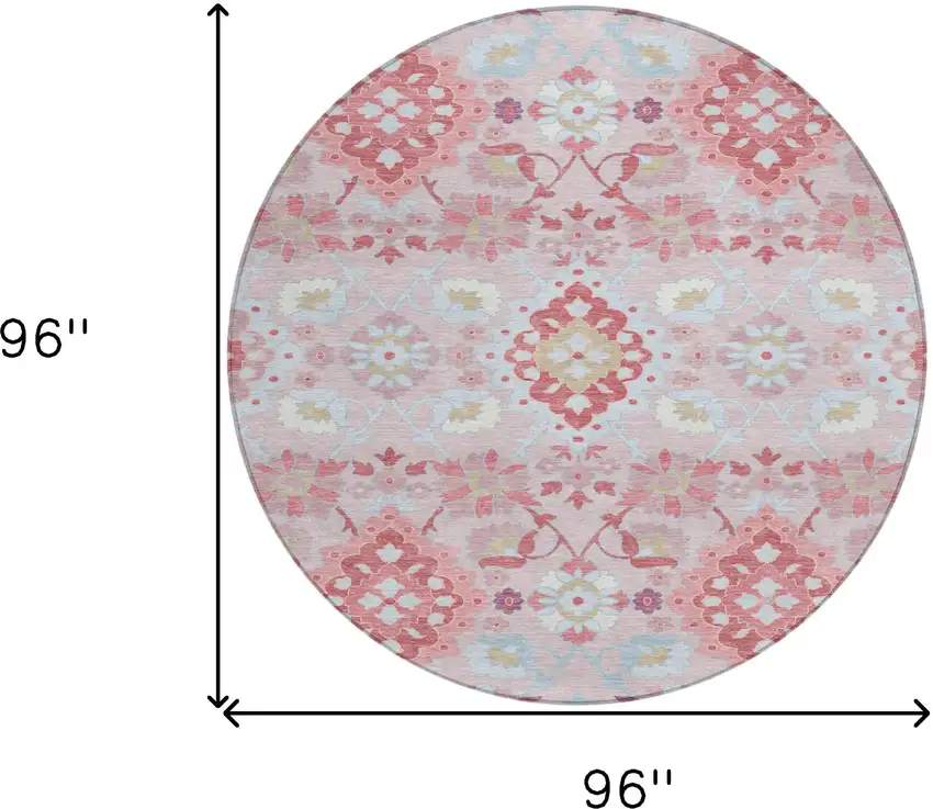 8' Blush Sky Blue And Brown Round Oriental Washable Indoor Outdoor Area Rug Photo 3