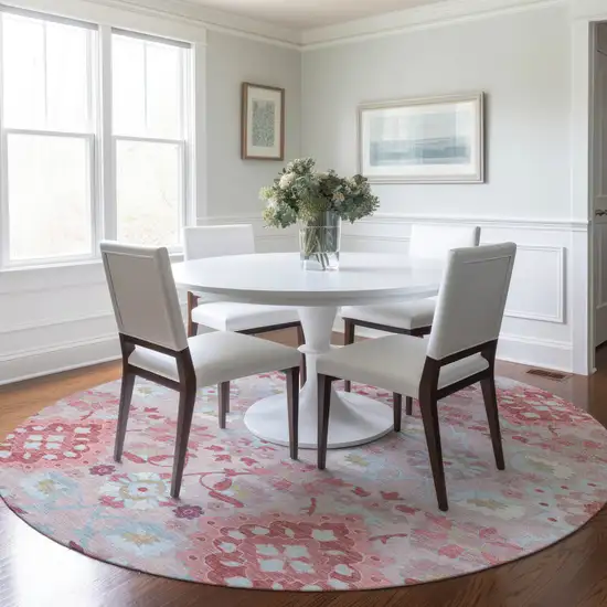 8' Blush Sky Blue And Brown Round Oriental Washable Indoor Outdoor Area Rug Photo 8