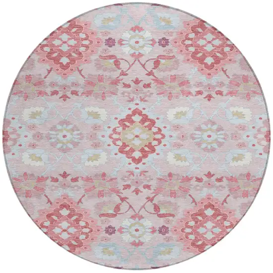 8' Blush Sky Blue And Brown Round Oriental Washable Indoor Outdoor Area Rug Photo 6