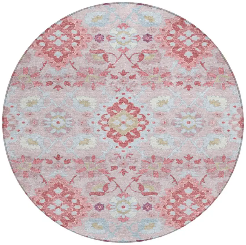 8' Blush Sky Blue And Brown Round Oriental Washable Indoor Outdoor Area Rug Photo 6