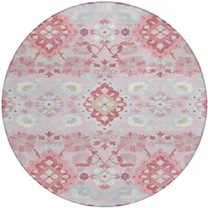 Photo of 8' Blush Sky Blue And Brown Round Oriental Washable Indoor Outdoor Area Rug