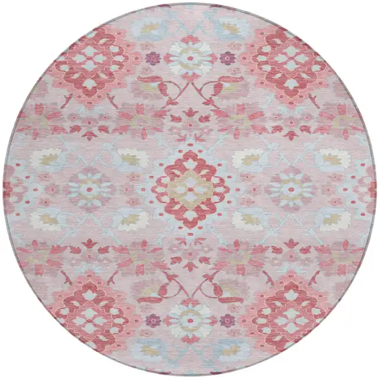 8' Blush Sky Blue And Brown Round Oriental Washable Indoor Outdoor Area Rug Photo 2