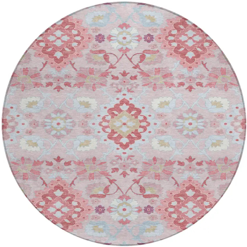 8' Blush Sky Blue And Brown Round Oriental Washable Indoor Outdoor Area Rug Photo 2