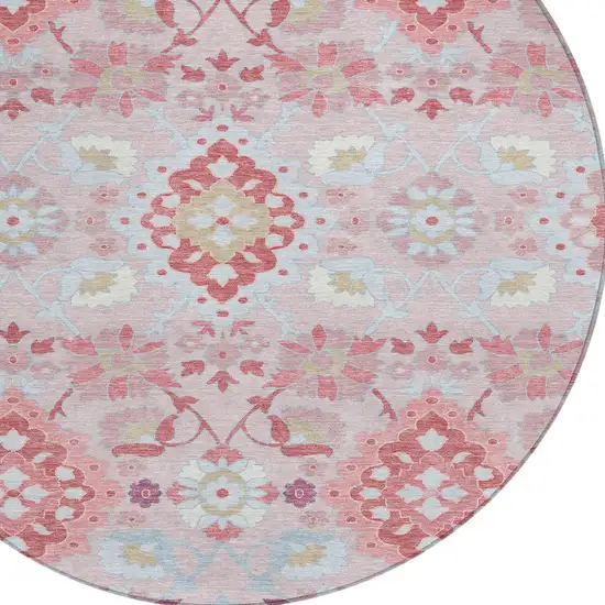 8' Blush Sky Blue And Brown Round Oriental Washable Indoor Outdoor Area Rug Photo 5