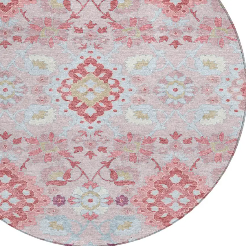 8' Blush Sky Blue And Brown Round Oriental Washable Indoor Outdoor Area Rug Photo 5