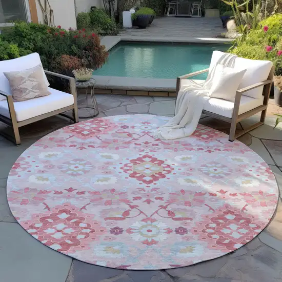 8' Blush Sky Blue And Brown Round Oriental Washable Indoor Outdoor Area Rug Photo 7