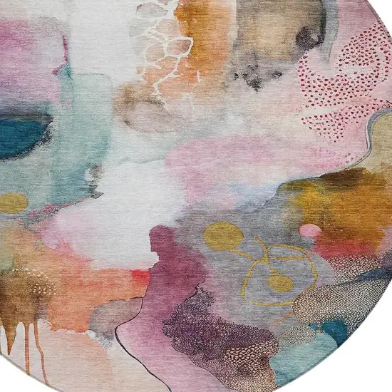 8' Blush Teal Blue And Ivory Round Abstract Washable Indoor Outdoor Area Rug Photo 4