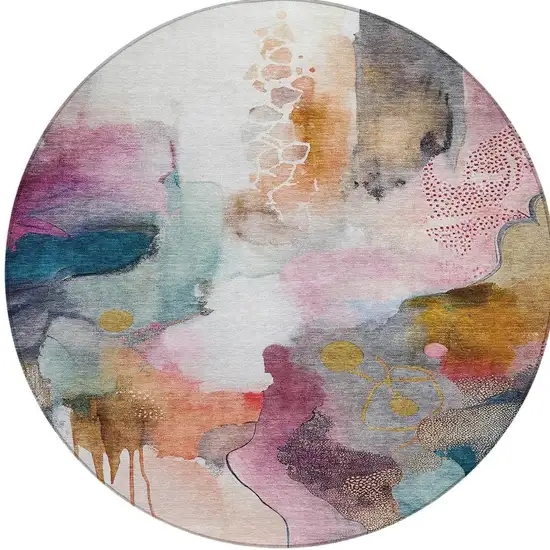 8' Blush Teal Blue And Ivory Round Abstract Washable Indoor Outdoor Area Rug Photo 7