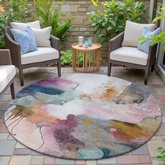8' Blush Teal Blue And Ivory Round Abstract Washable Indoor Outdoor Area Rug Photo 5
