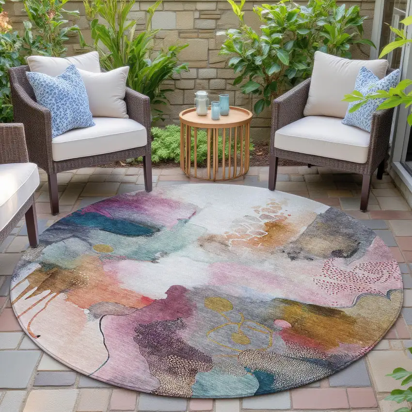 8' Blush Teal Blue And Ivory Round Abstract Washable Indoor Outdoor Area Rug Photo 5