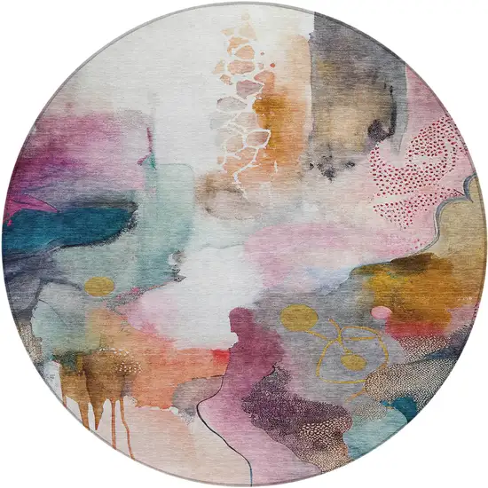 8' Blush Teal Blue And Ivory Round Abstract Washable Indoor Outdoor Area Rug Photo 1