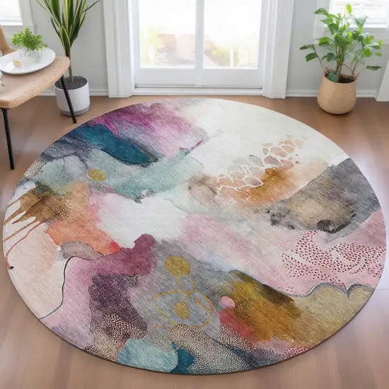 8' Blush Teal Blue And Ivory Round Abstract Washable Indoor Outdoor Area Rug Photo 6