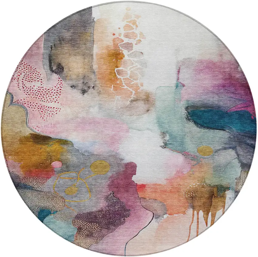 8' Blush Teal Blue And Ivory Round Abstract Washable Indoor Outdoor Area Rug Photo 3