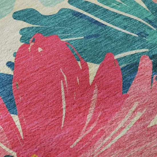 8' Blush Yellow And Blue Floral Washable Area Rug With UV Protection Photo 9