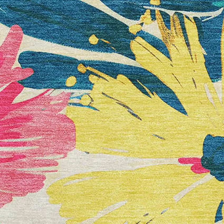 8' Blush Yellow And Blue Floral Washable Area Rug With UV Protection Photo 2