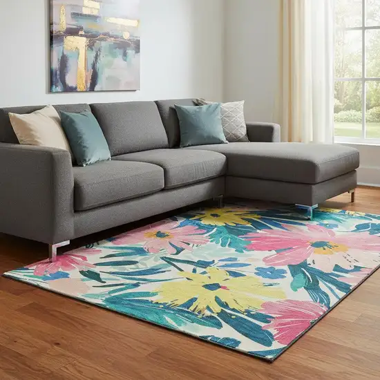 8' Blush Yellow And Blue Floral Washable Area Rug With UV Protection Photo 2