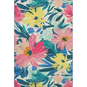 Photo of 8' Blush Yellow And Blue Floral Washable Area Rug With UV Protection