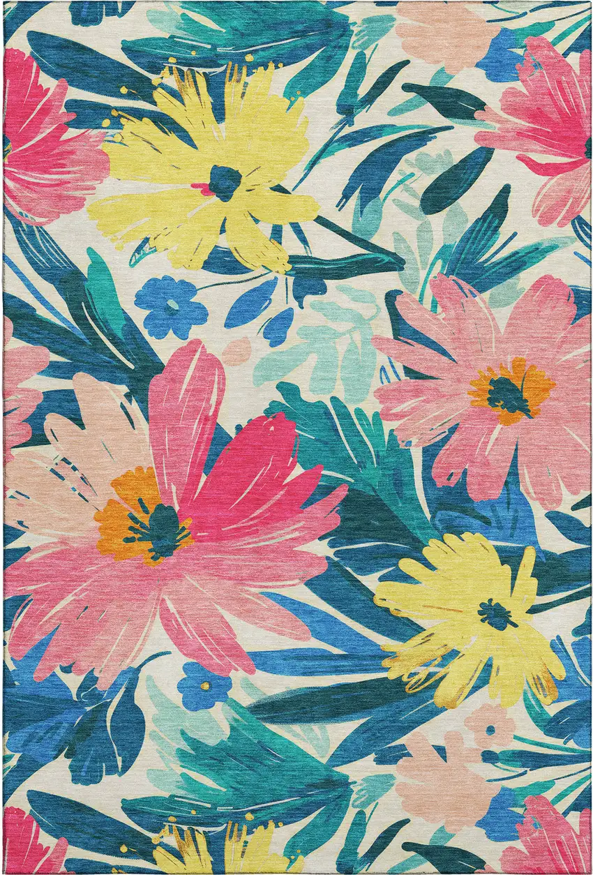 8' Blush Yellow And Blue Floral Washable Area Rug With UV Protection Photo 1