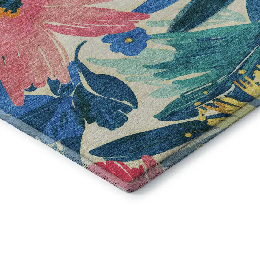 8' Blush Yellow And Blue Floral Washable Area Rug With UV Protection Photo 7