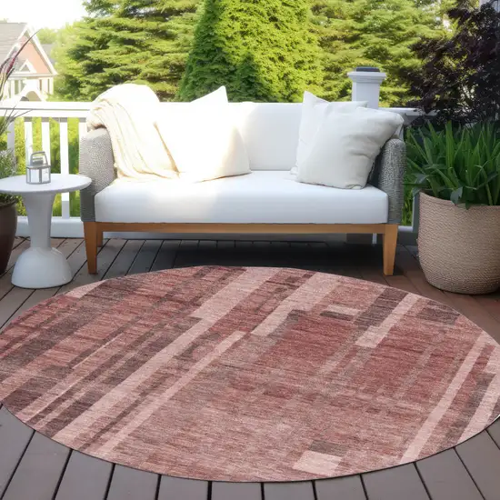 8' Brick Red And Brown Round Striped Washable Indoor Outdoor Area Rug Photo 7