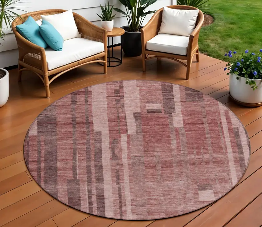 8' Brick Red And Brown Round Striped Washable Indoor Outdoor Area Rug Photo 1