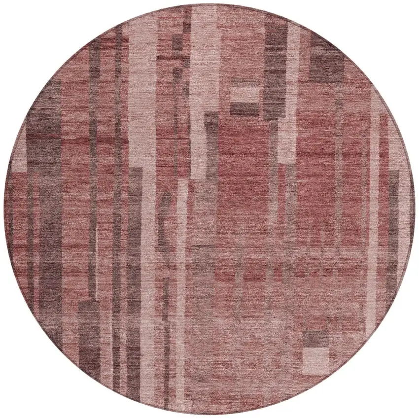 8' Brick Red And Brown Round Striped Washable Indoor Outdoor Area Rug Photo 6