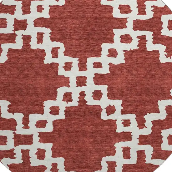 8' Brick Red And Ivory Abstract Geometric Washable Round Rug With UV Protection Photo 3