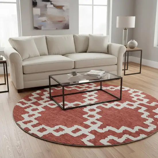 8' Brick Red And Ivory Abstract Geometric Washable Round Rug With UV Protection Photo 2