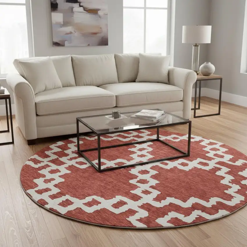8' Brick Red And Ivory Abstract Geometric Washable Round Rug With UV Protection Photo 2